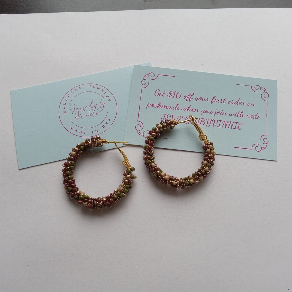 Hand Crafted Multicolor Beaded Hoop Earrings - Picture 3 of 5